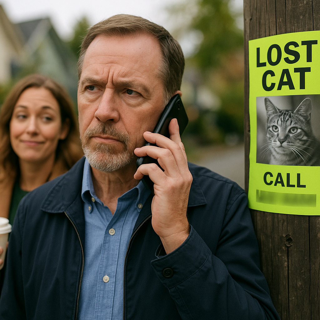 Person on phone looking at lost cat poster - stay vigilant against scams