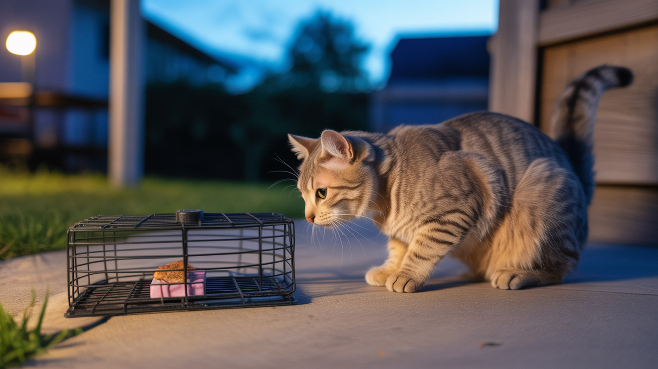 A cautious cat carefully approaching a humane wire trap at dusk