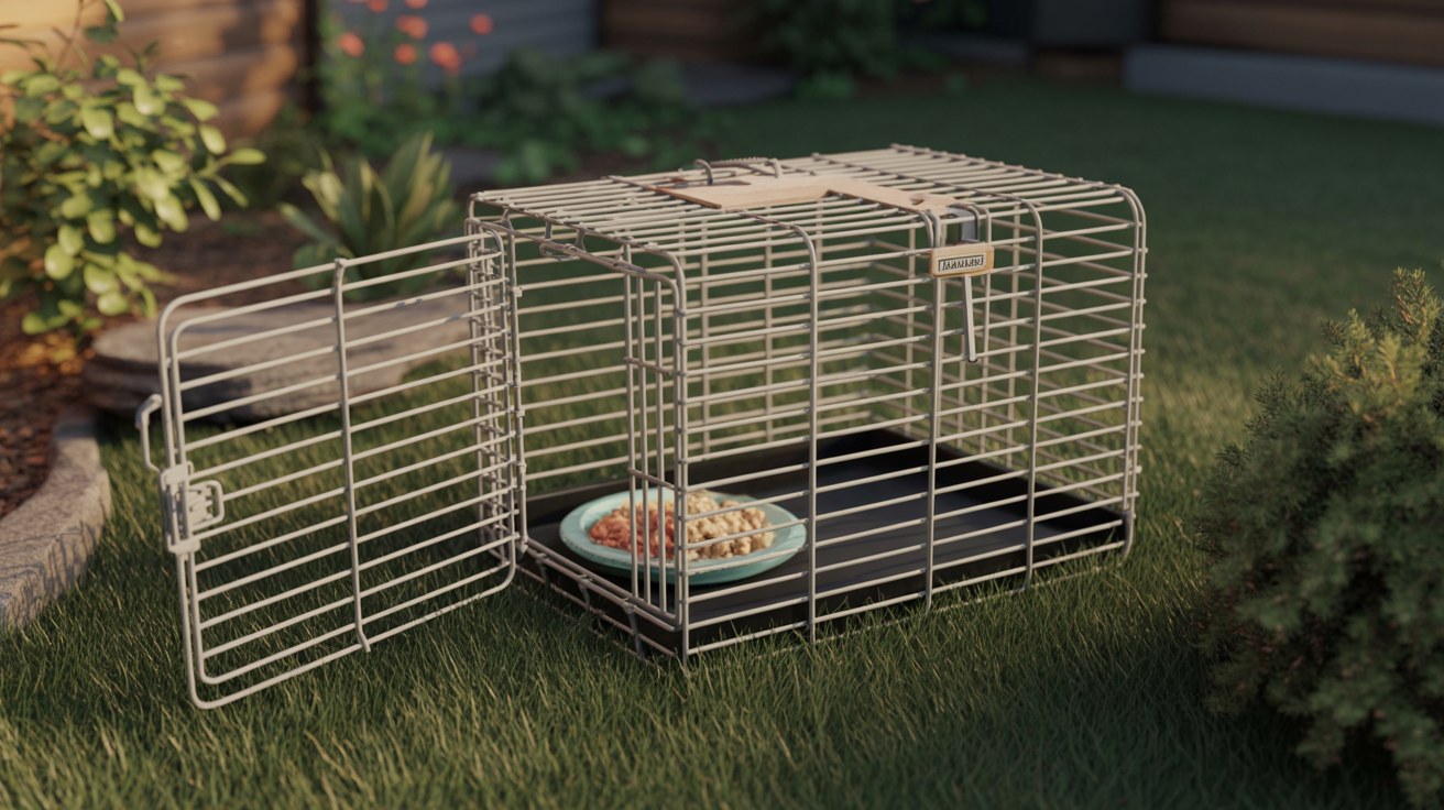 A humane wire box trap set up in a backyard garden with bait inside, ready to safely catch a lost cat