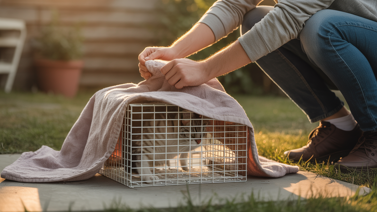 A person gently covering a humane trap with a towel after catching a lost cat